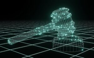 Leuchtender digitaler Richterhammer als Symbol für Recht und Verfassung